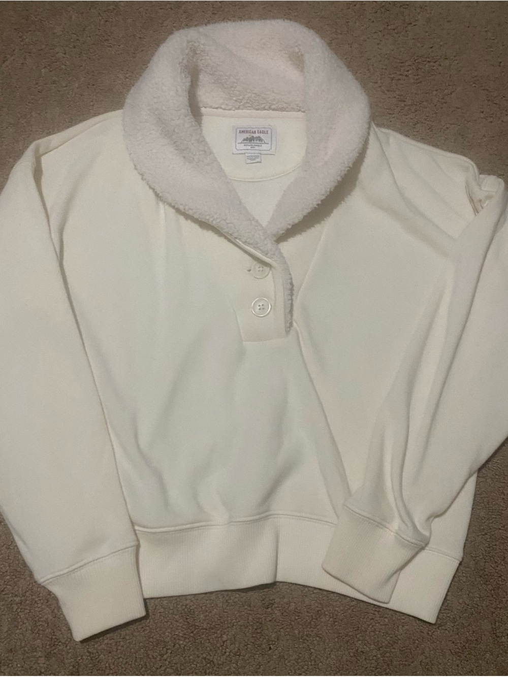 American Eagle Outfitters Cream Sherpa-Trim Pullover Sweatshirt